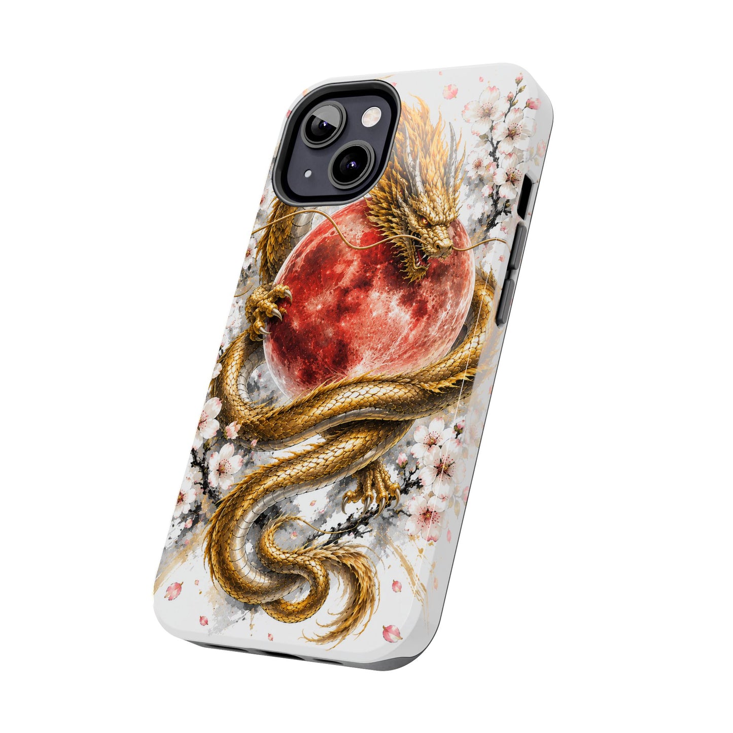 Golden Dragon Phone Case — Red Moon & Cherry Blossom Tough Phone Case