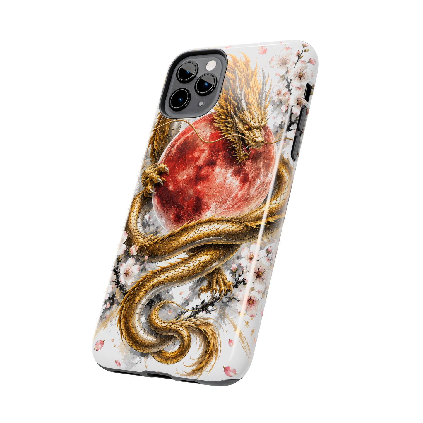 Golden Dragon Phone Case — Red Moon & Cherry Blossom Tough Phone Case