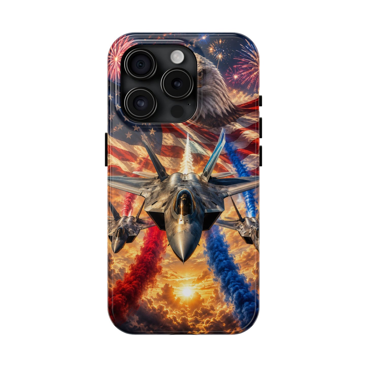 Patriotic Fighter Jet Phone Case with Eagle, American Flag & Fireworks Design