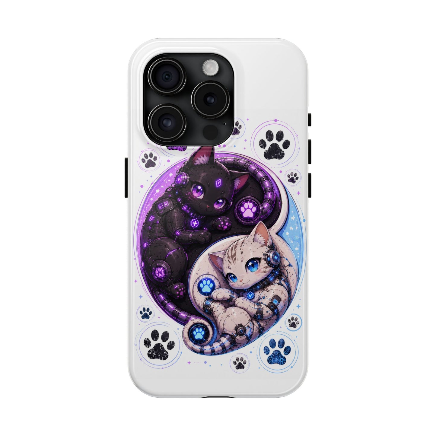 Cat Yin Yang Tough Phone Case — Black & White Kittens, Paw Print Protective Cover