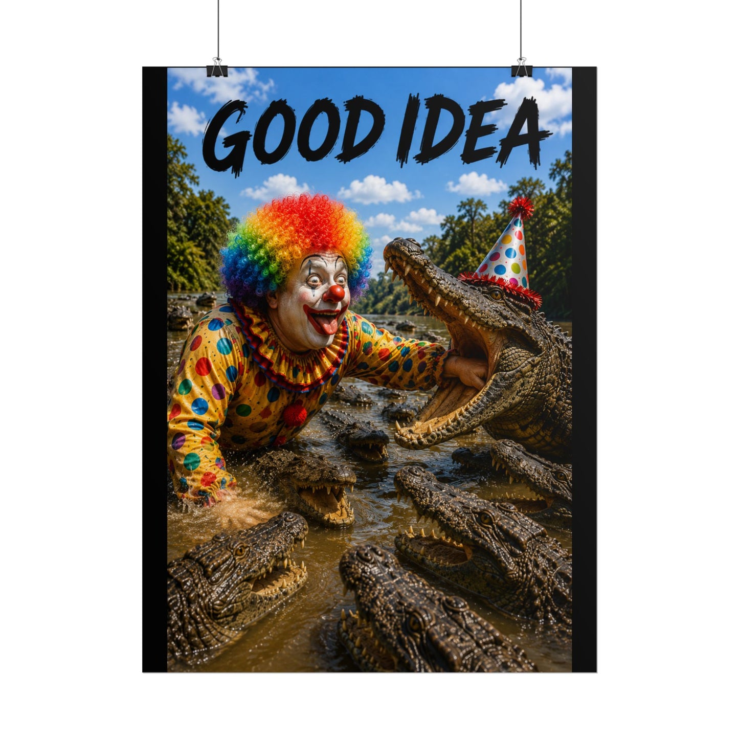 Clown & Crocodile 'Good Idea' Poster - Funny Surreal Wall Art