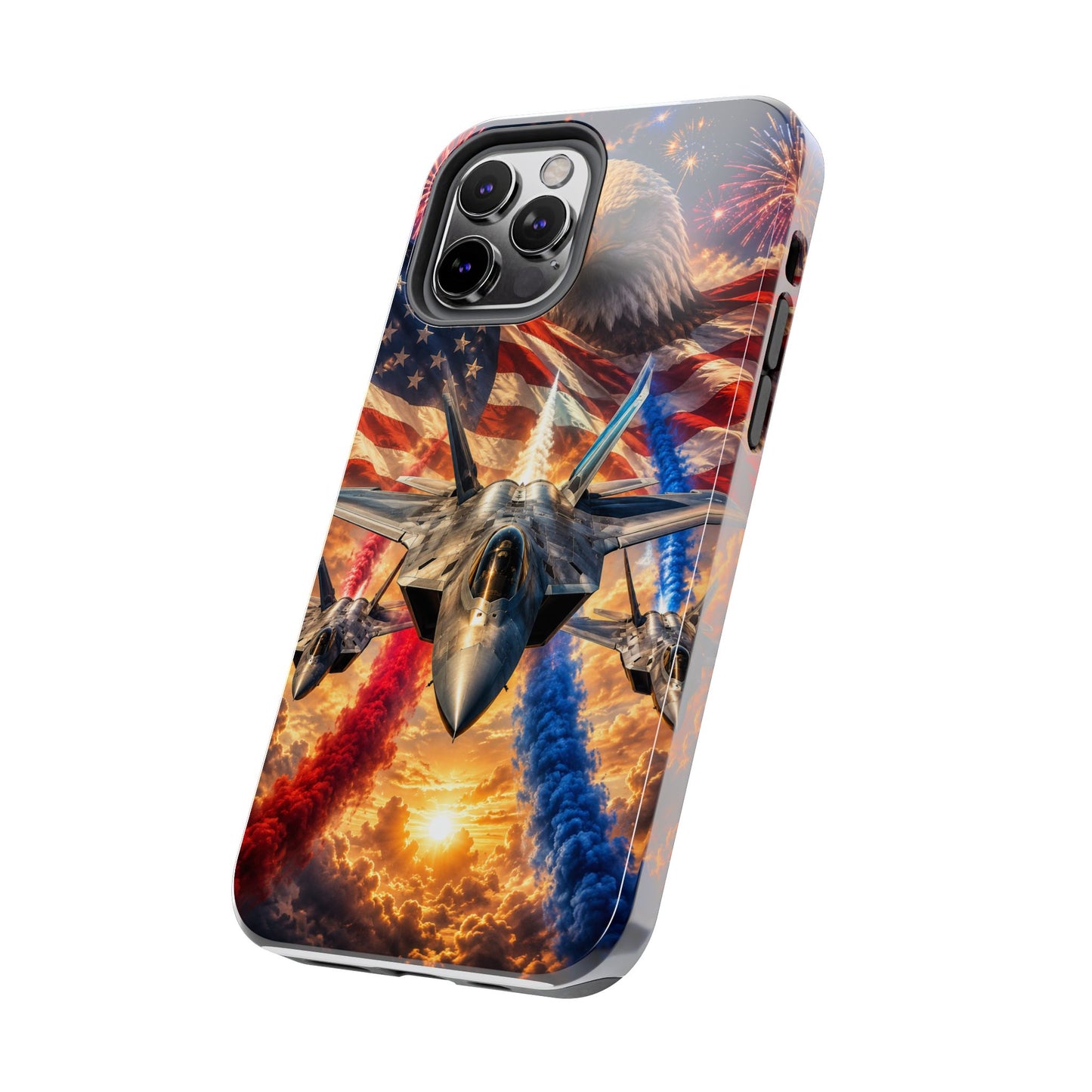 Patriotic Fighter Jet Phone Case with Eagle, American Flag & Fireworks Design
