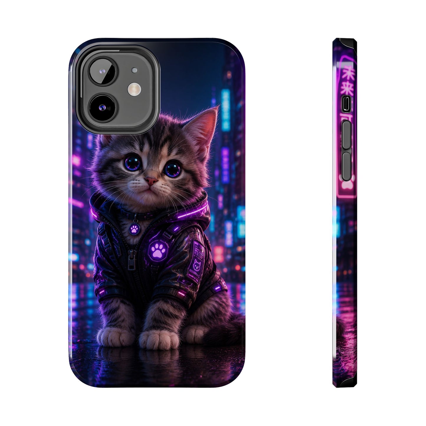 Cyberpunk Kitten Tough Phone Case — Neon Cat Protective Phone Cover