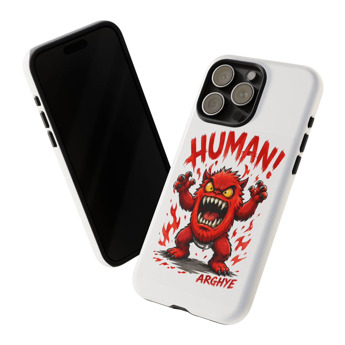 Angry Monster "HUMAN!" Phone Case — Cute Fiery Creature iPhone Cover