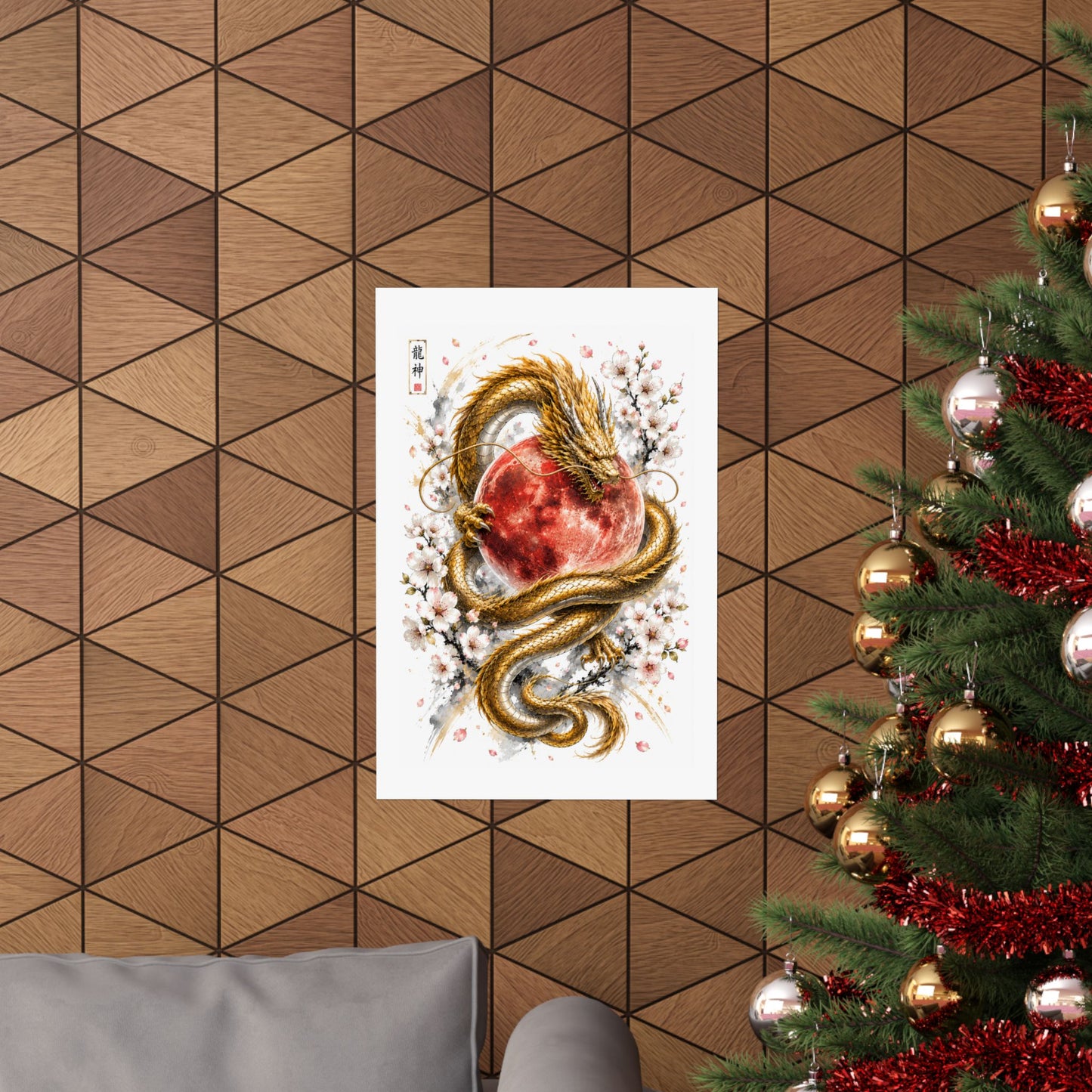 Golden Dragon & Red Moon Matte Poster — Japanese Cherry Blossom Wall Art