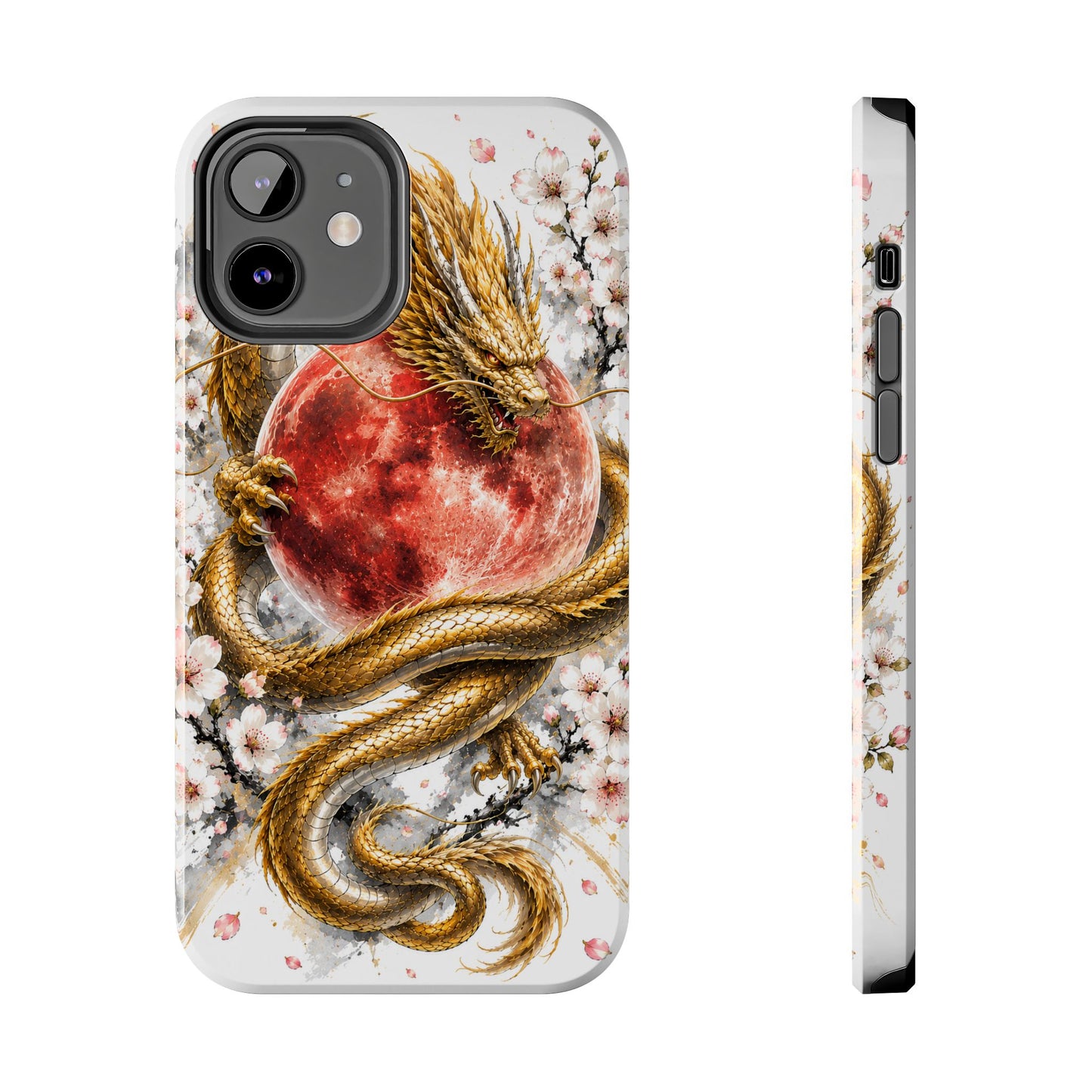 Golden Dragon Phone Case — Red Moon & Cherry Blossom Tough Phone Case