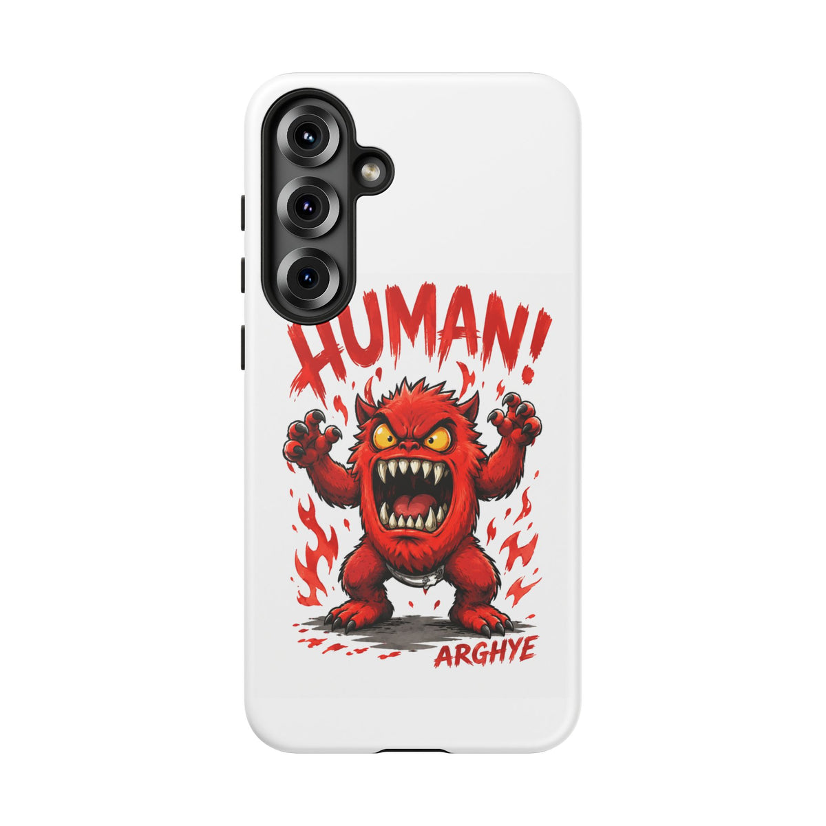 Angry Monster "HUMAN!" Phone Case — Cute Fiery Creature iPhone Cover