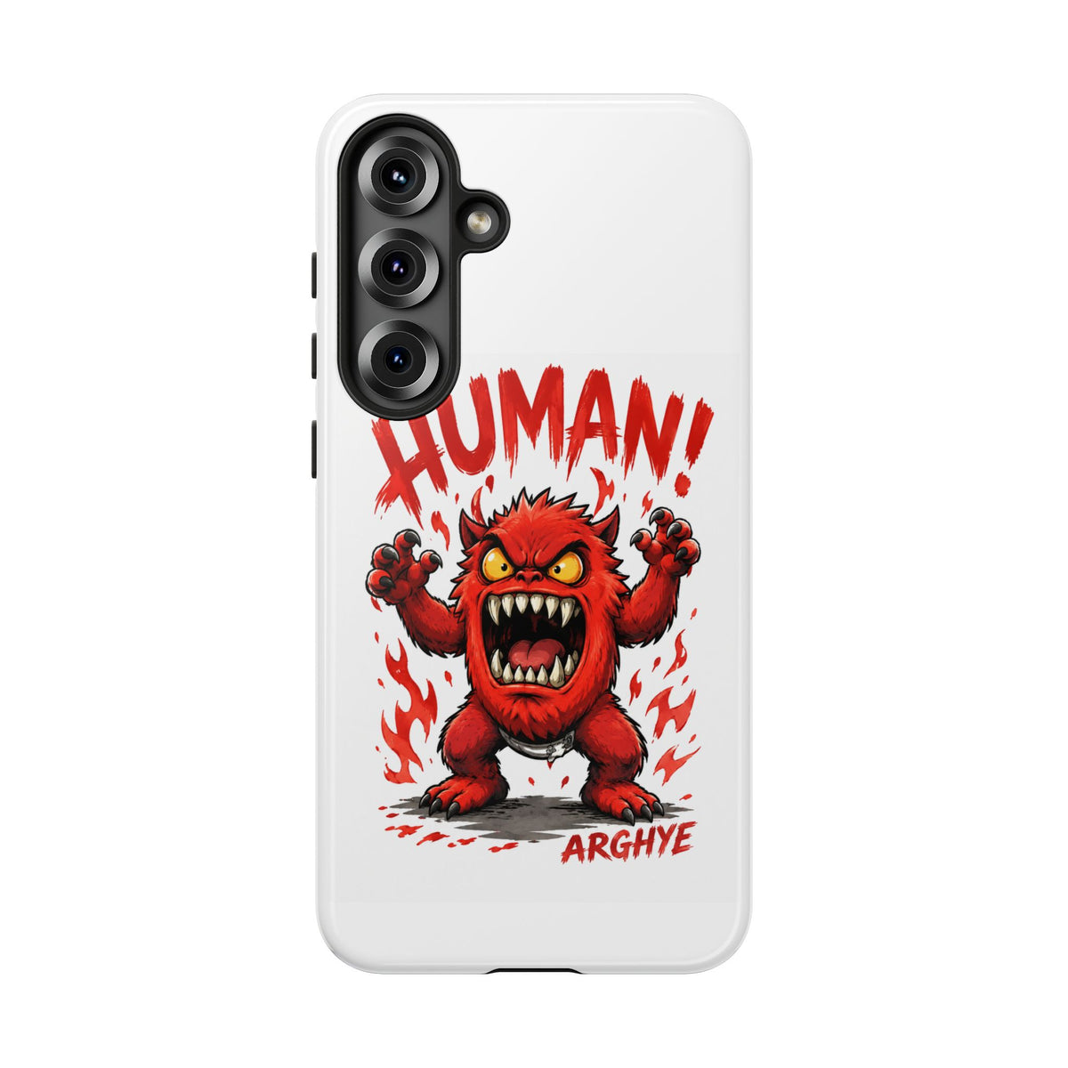 Angry Monster "HUMAN!" Phone Case — Cute Fiery Creature iPhone Cover