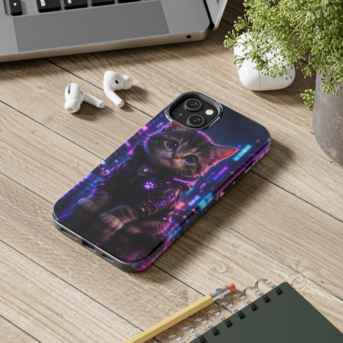 Cyberpunk Kitten Tough Phone Case — Neon Cat Protective Phone Cover