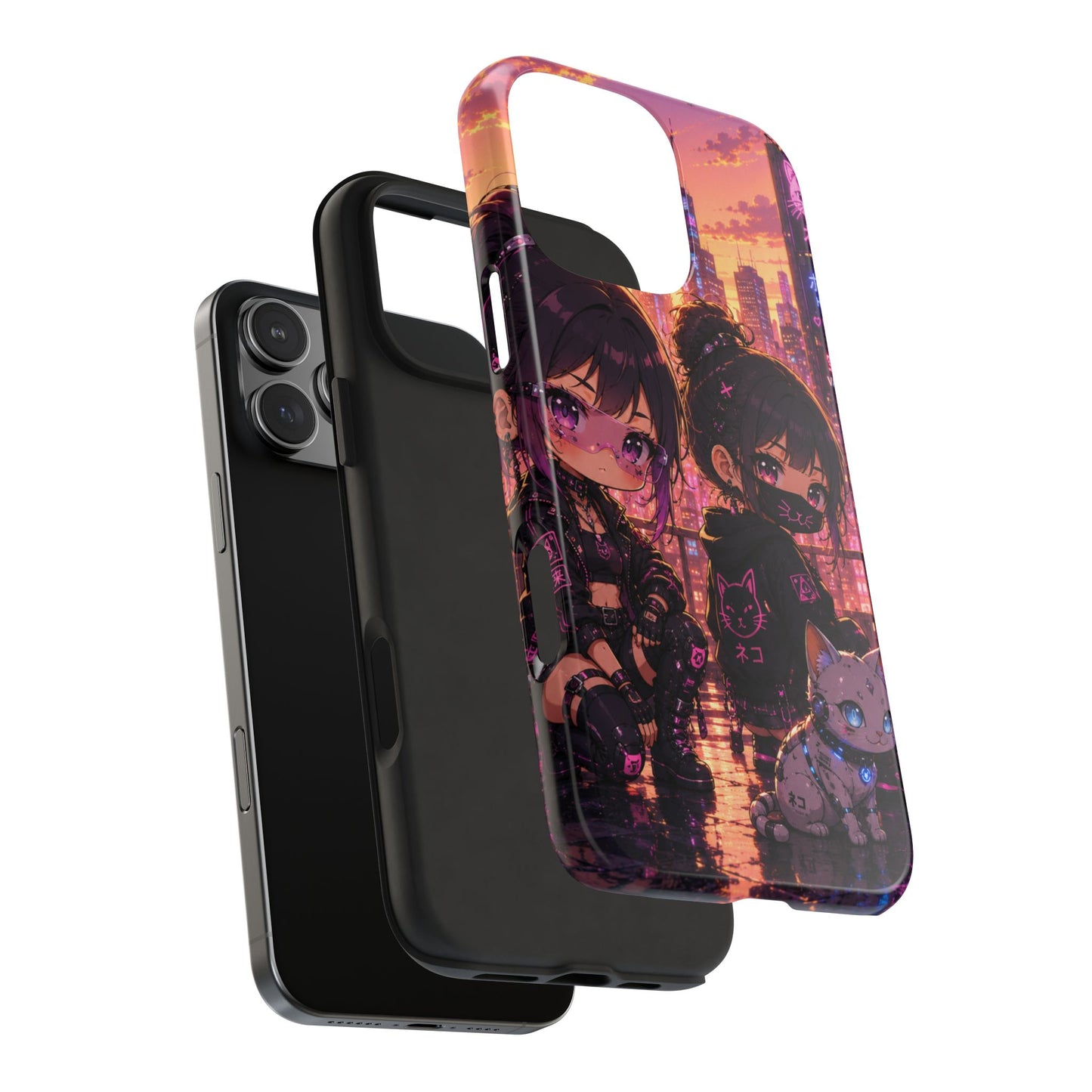 Anime City Night Tough Phone Case — Kawaii Cyberpunk Characters & Cat