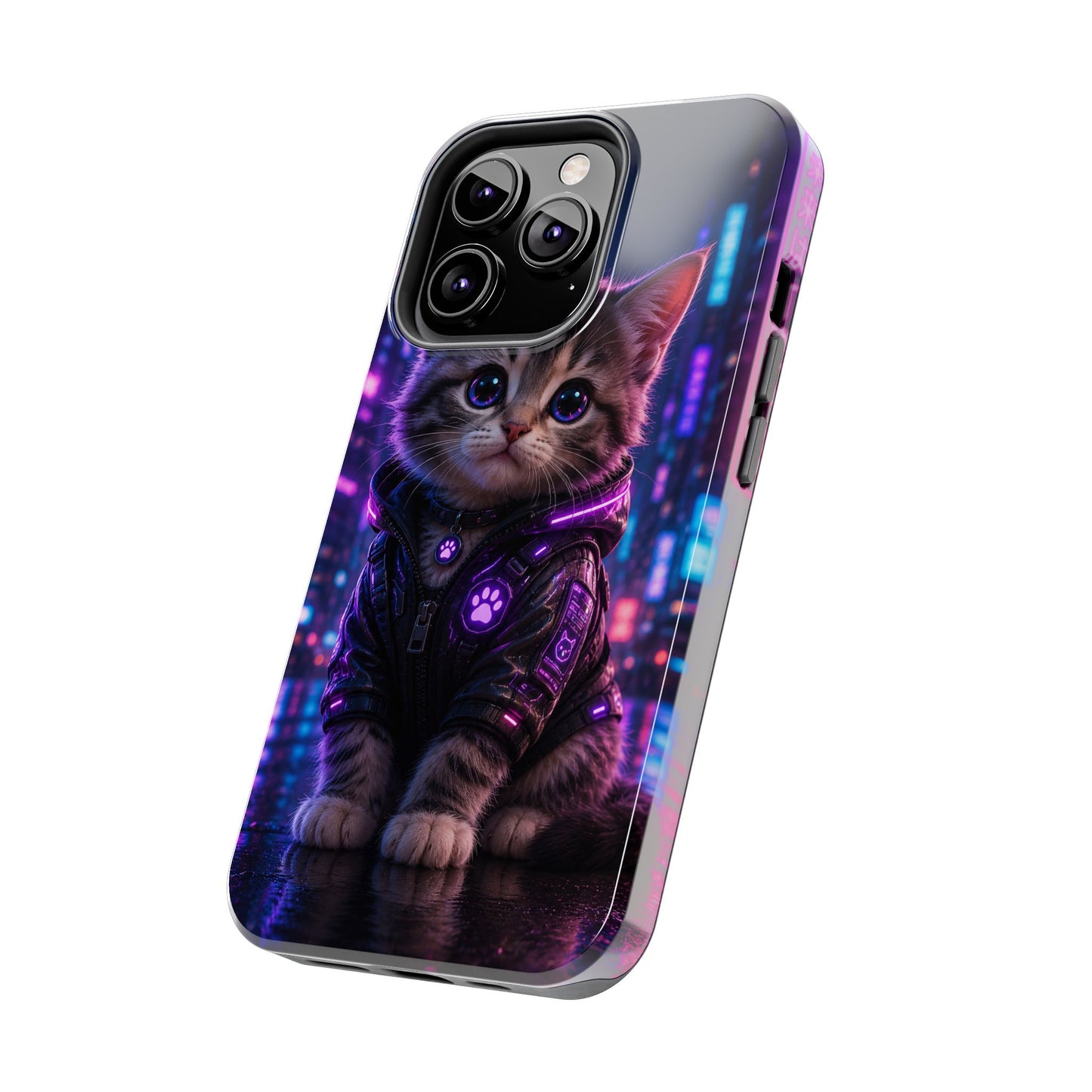 Cyberpunk Kitten Tough Phone Case — Neon Cat Protective Phone Cover