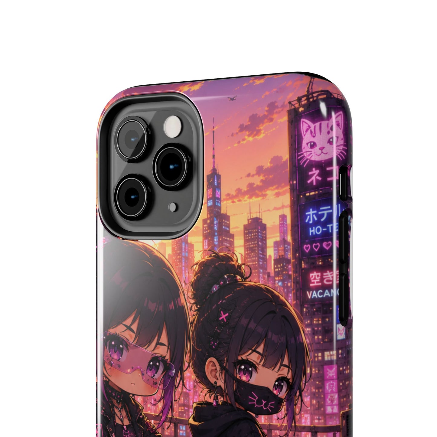 Anime City Night Tough Phone Case — Kawaii Cyberpunk Characters & Cat