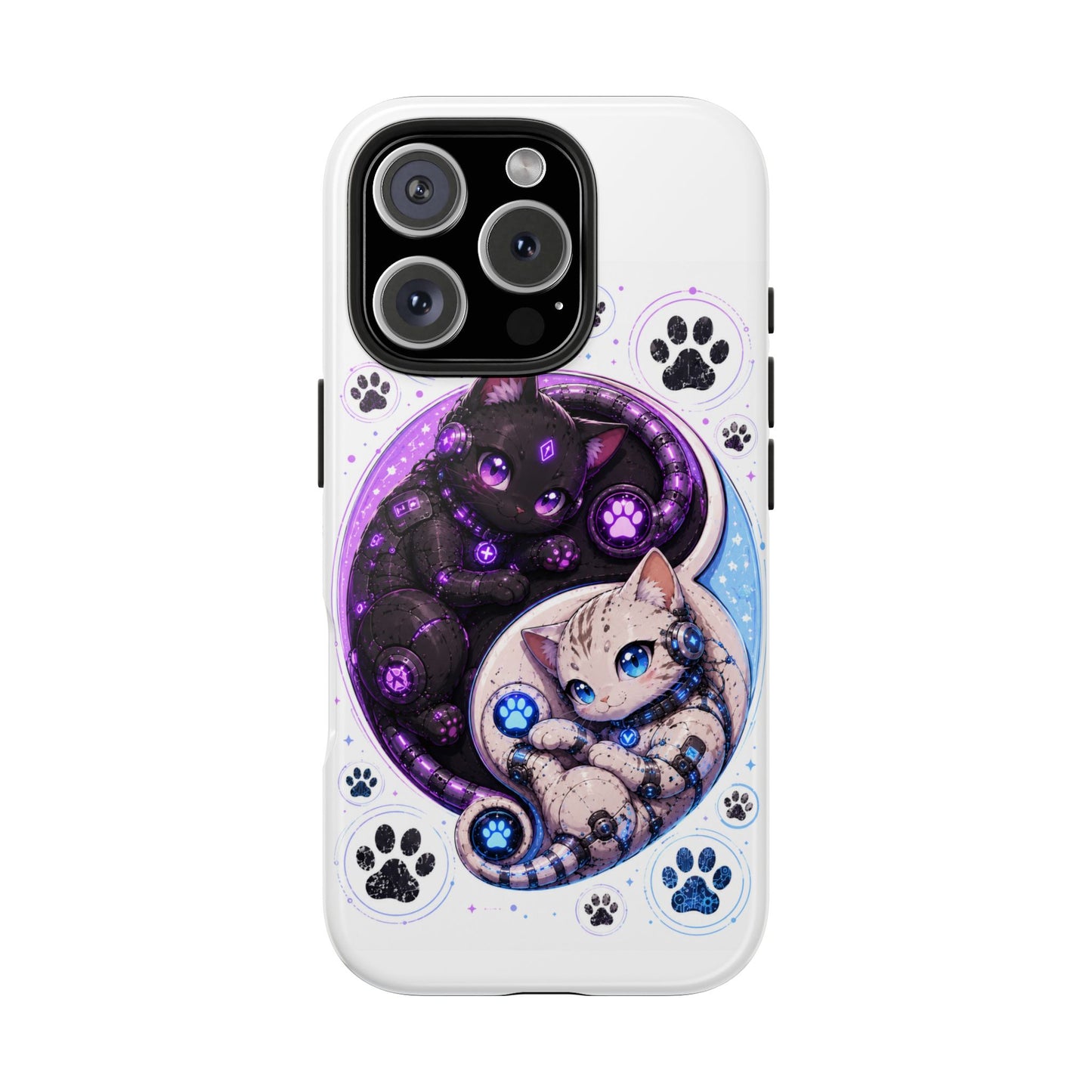Cat Yin Yang Tough Phone Case — Black & White Kittens, Paw Print Protective Cover