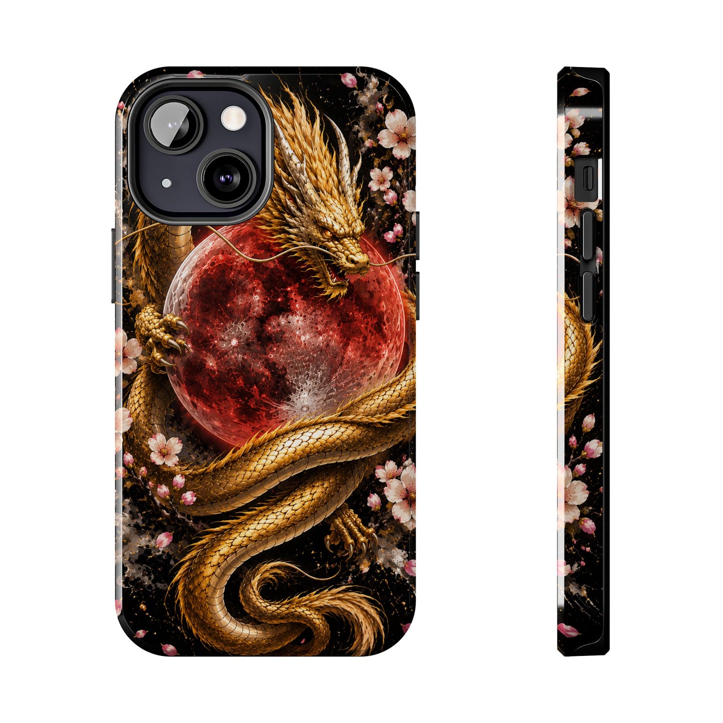 Golden Dragon Moon Tough Phone Case — Cherry Blossoms & Red Moon Protective Cover