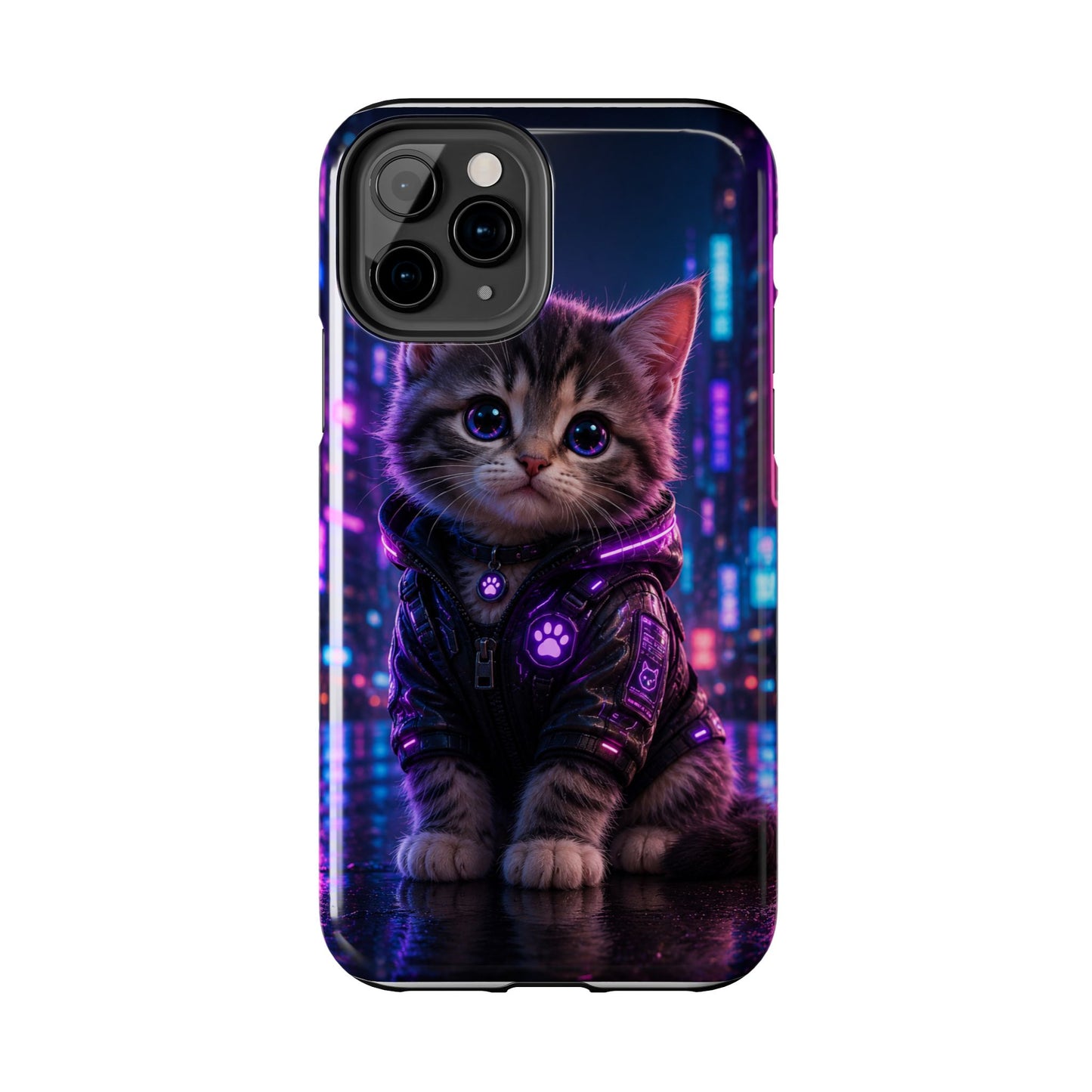 Cyberpunk Kitten Tough Phone Case — Neon Cat Protective Phone Cover