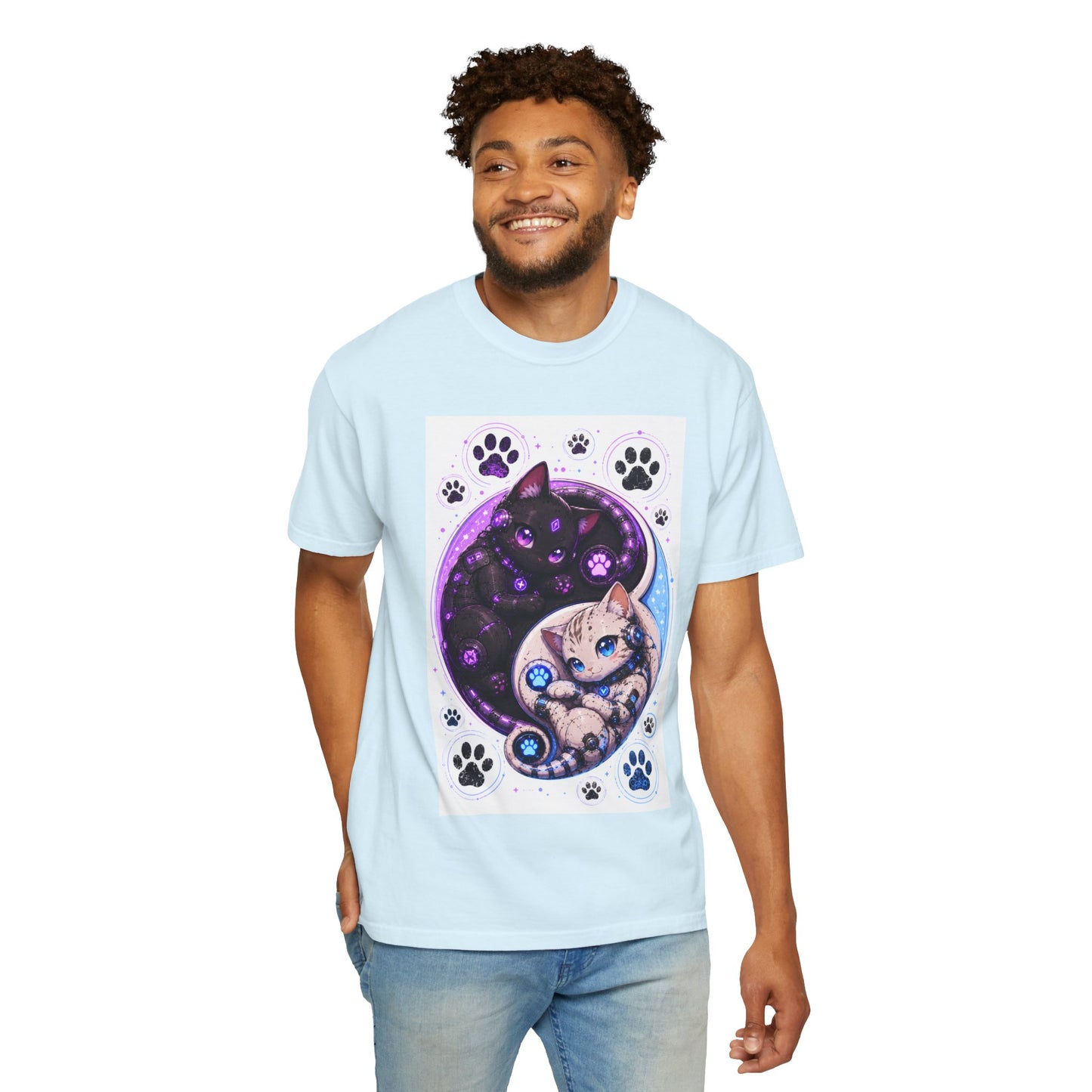 Yin Yang Cat T-Shirt — Cosmic Black & White Kittens Paw Print Tee