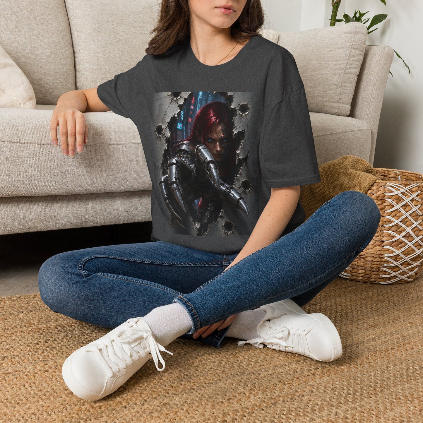Cyberpunk Warrior Graphic T-Shirt — Red-Haired Brawler Design