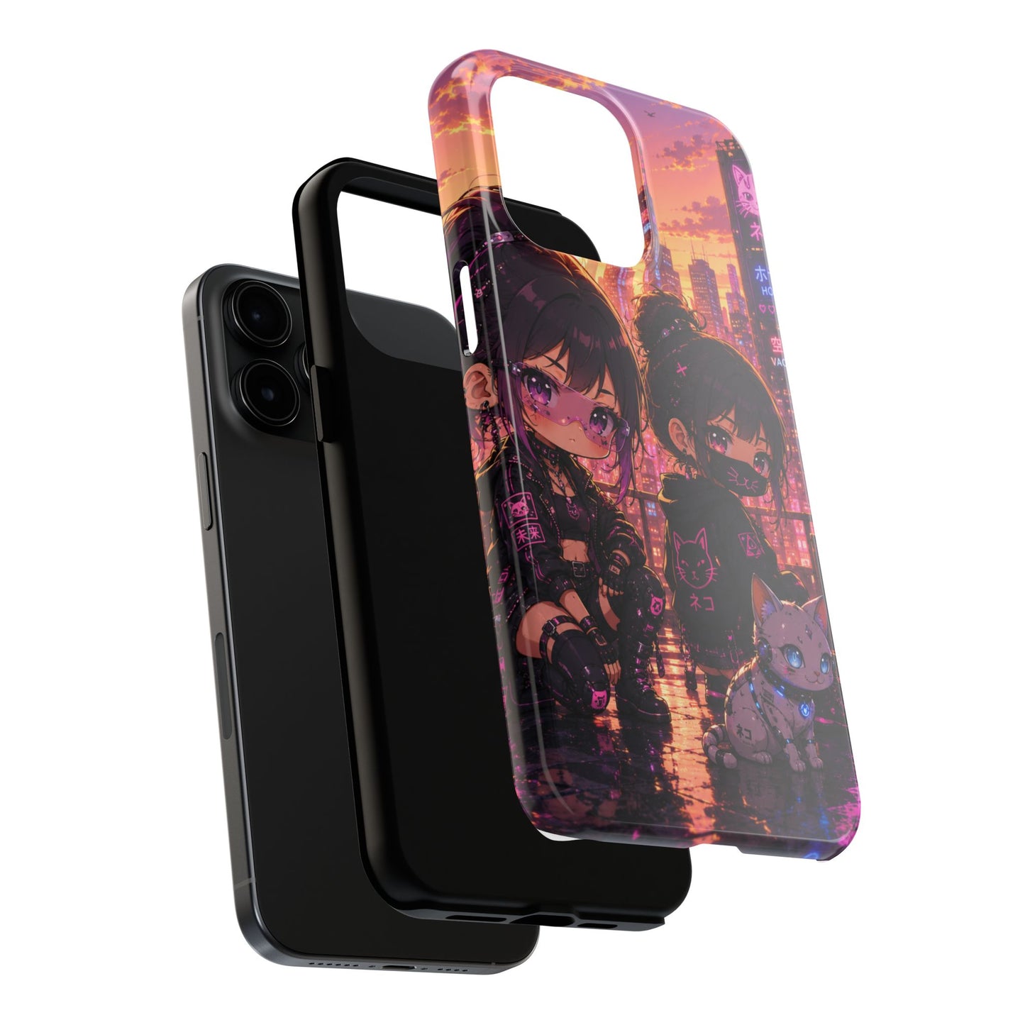 Anime City Night Tough Phone Case — Kawaii Cyberpunk Characters & Cat