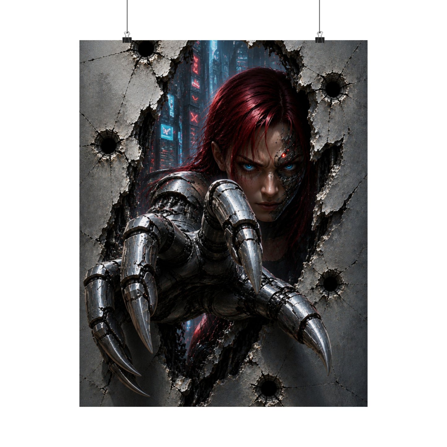 Cyberpunk Assassin Matte Poster — Red-Haired Cyborg Claw Wall Art