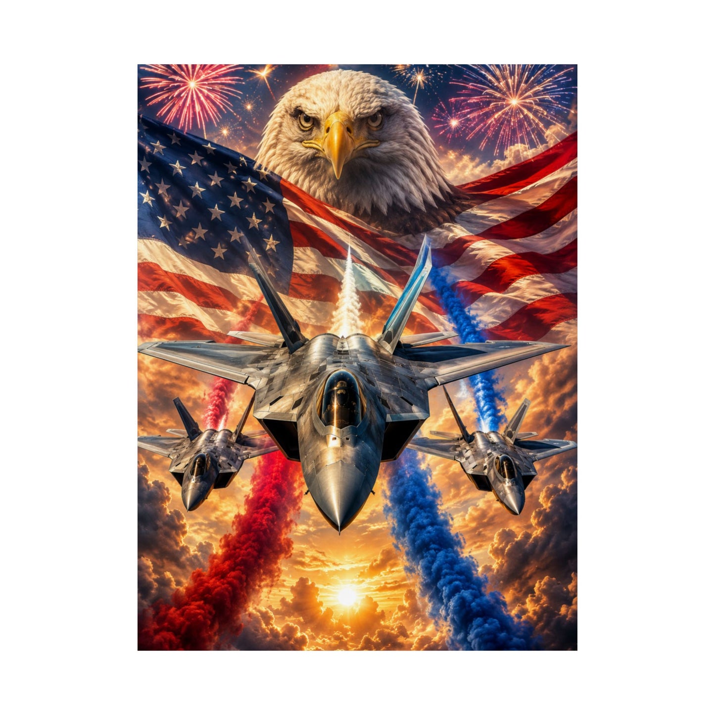 Patriotic Eagle & Fighter Jets Matte Vertical Poster — American Flag, Fireworks & 4th of July Wall Art