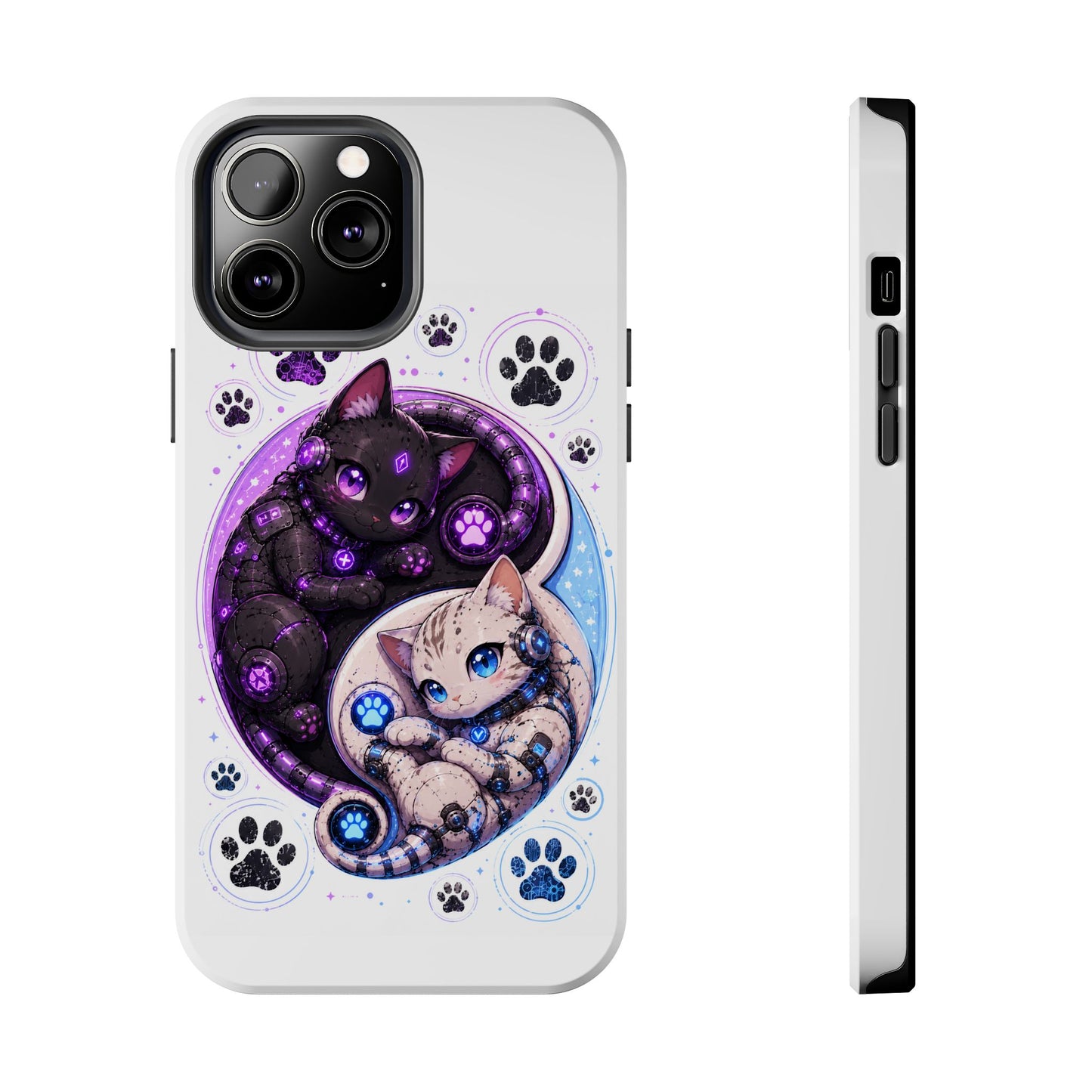 Cat Yin Yang Tough Phone Case — Black & White Kittens, Paw Print Protective Cover