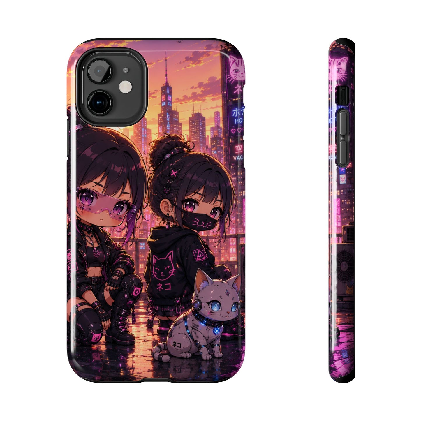 Anime City Night Tough Phone Case — Kawaii Cyberpunk Characters & Cat