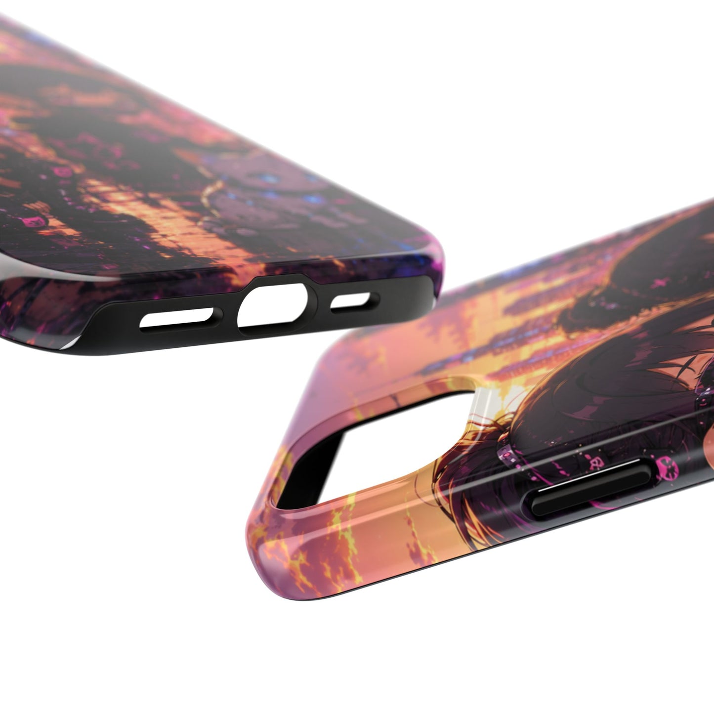 Anime City Night Tough Phone Case — Kawaii Cyberpunk Characters & Cat