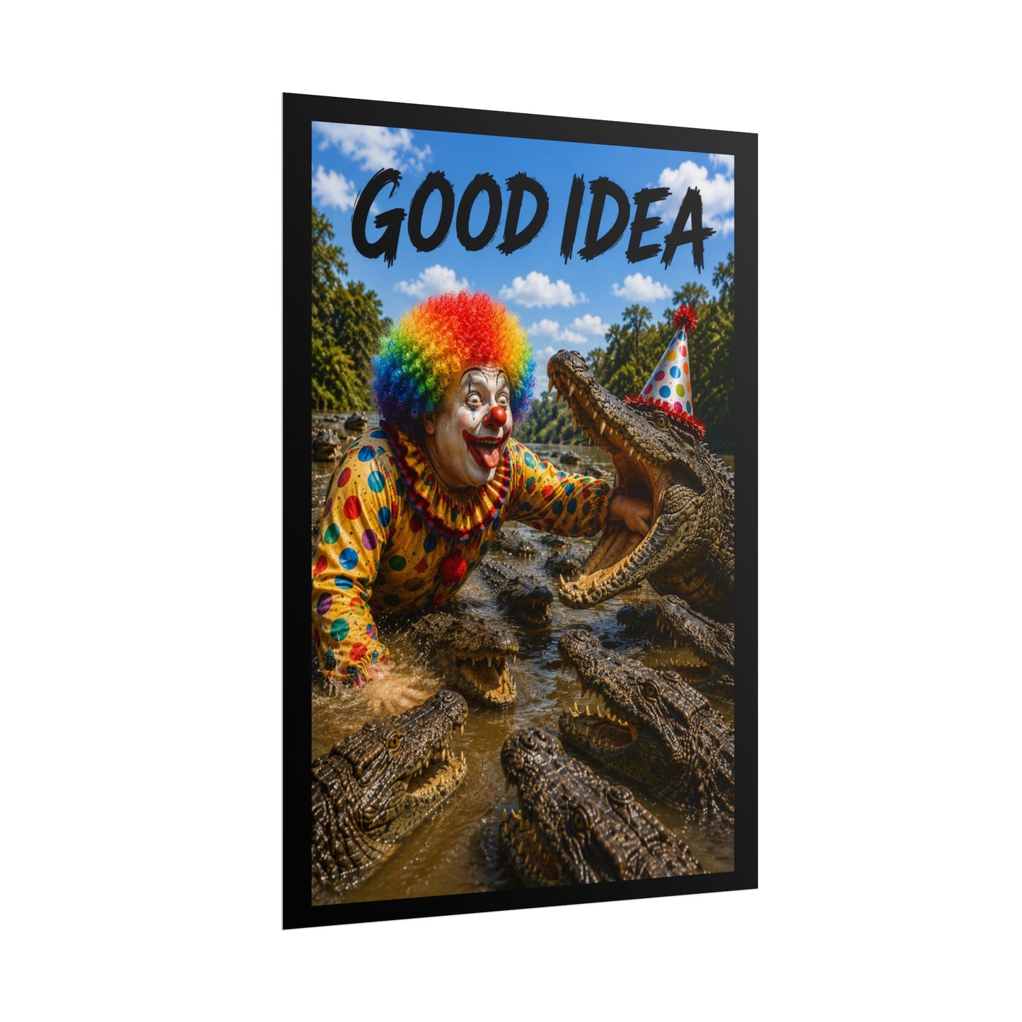 Clown & Crocodile 'Good Idea' Poster - Funny Surreal Wall Art