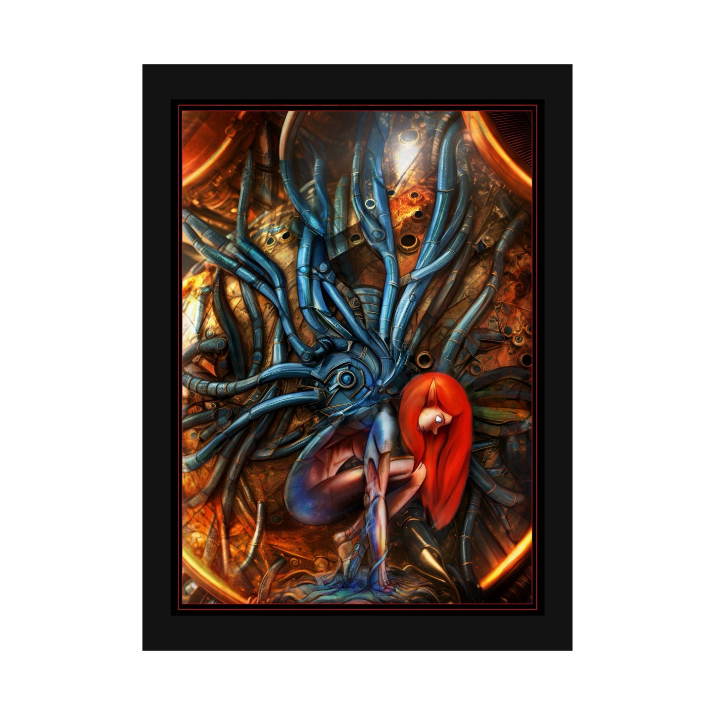 Sci‑Fi Surreal Poster — Red‑Haired Cyborg & Mechanical Kraken Matte Vertical Art