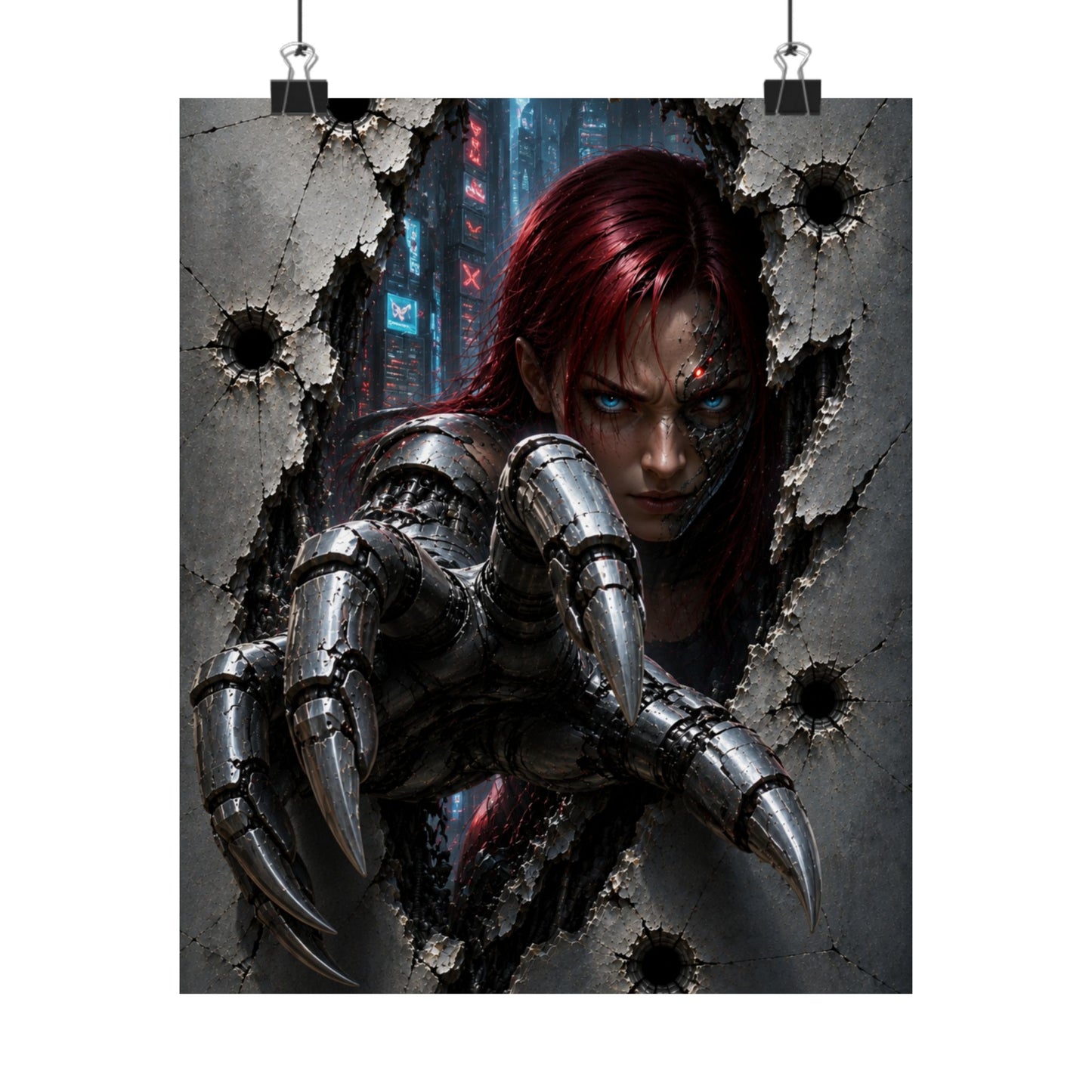 Cyberpunk Assassin Matte Poster — Red-Haired Cyborg Claw Wall Art