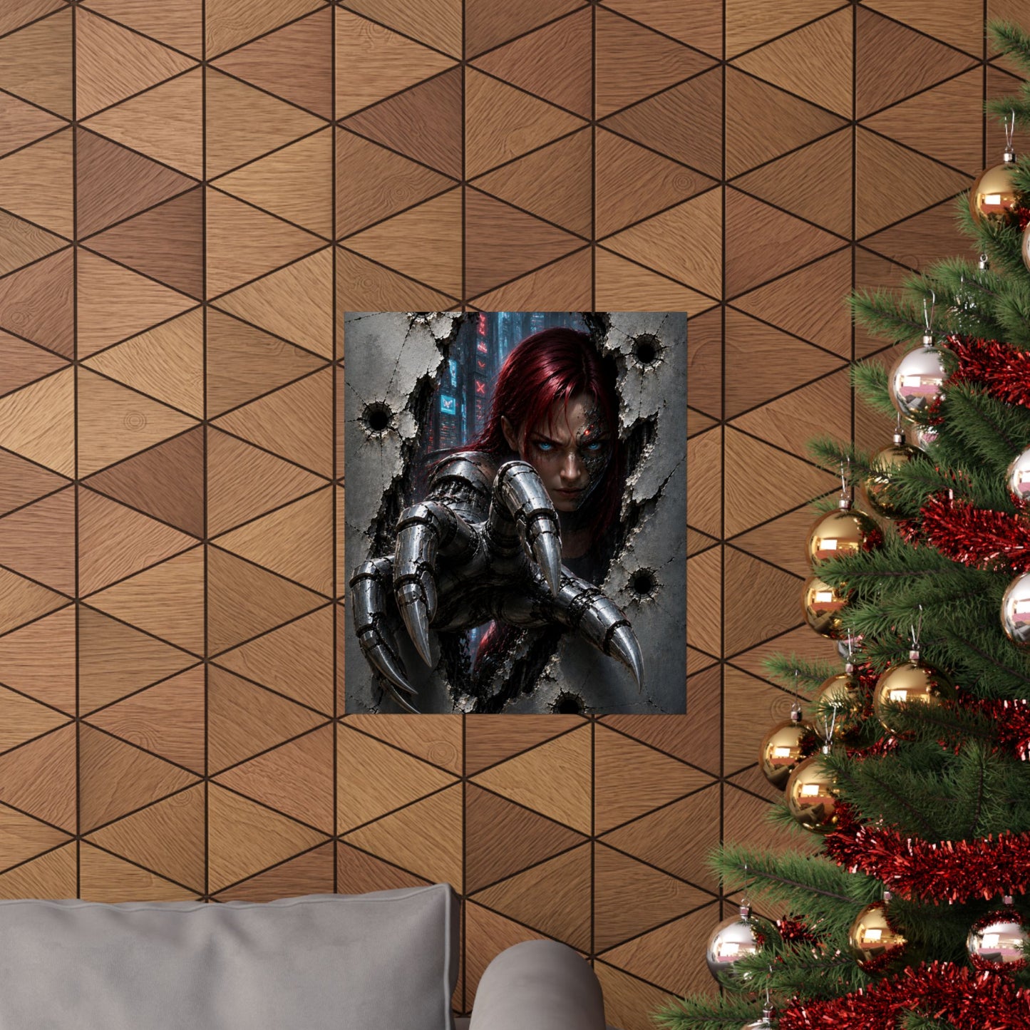 Cyberpunk Assassin Matte Poster — Red-Haired Cyborg Claw Wall Art