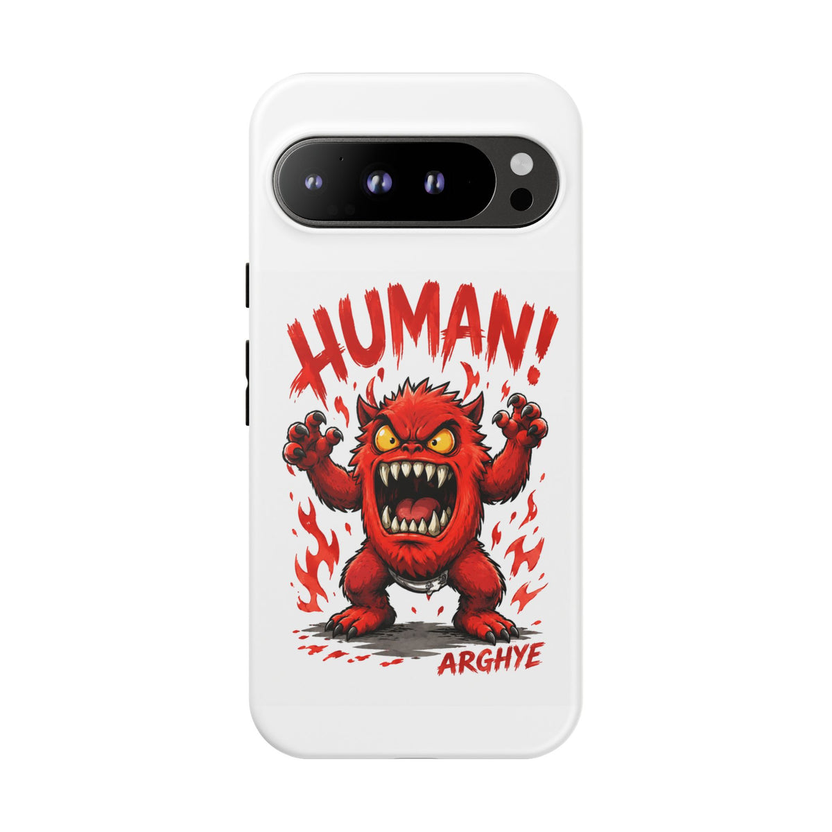 Angry Monster "HUMAN!" Phone Case — Cute Fiery Creature iPhone Cover