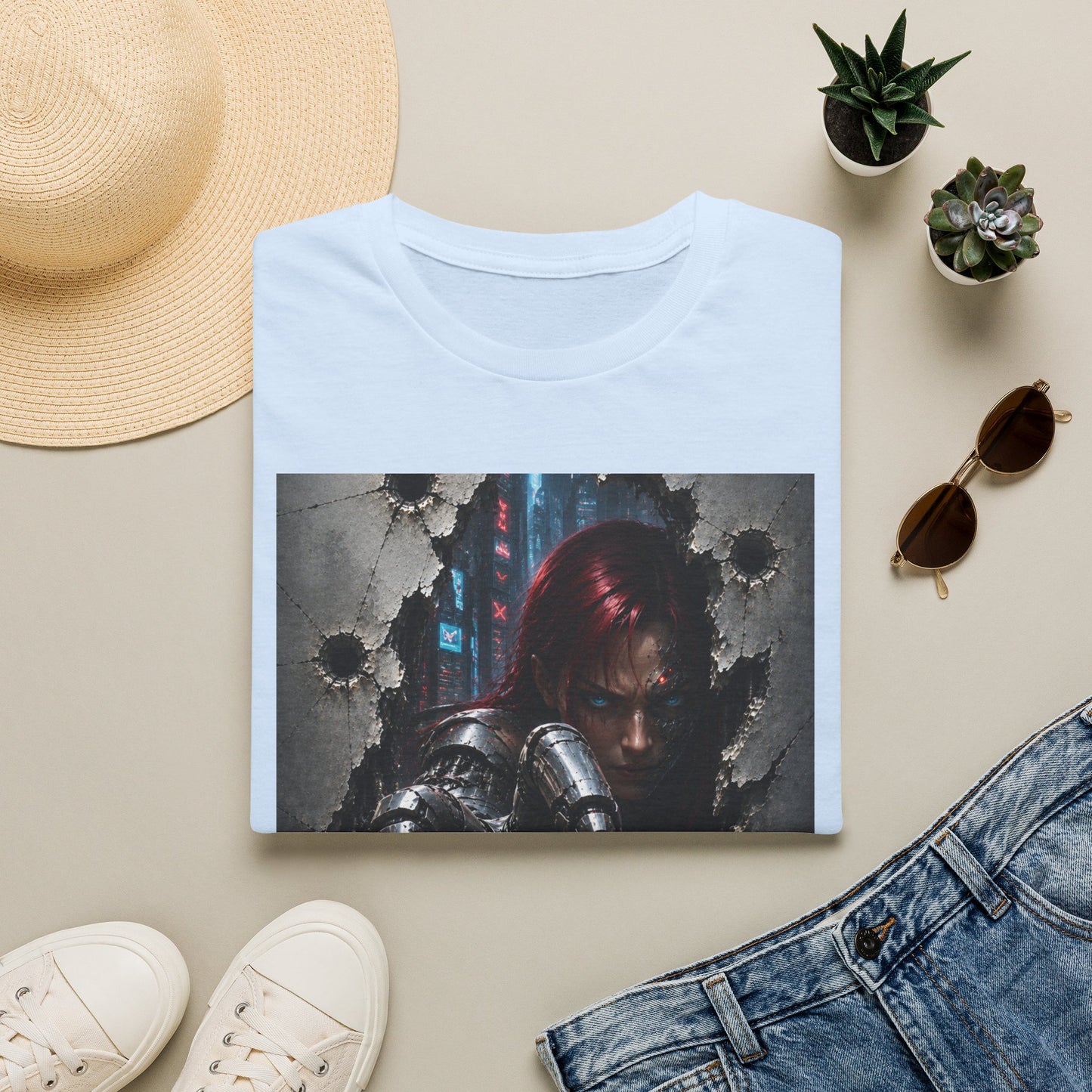 Cyberpunk Warrior Graphic T-Shirt — Red-Haired Brawler Design