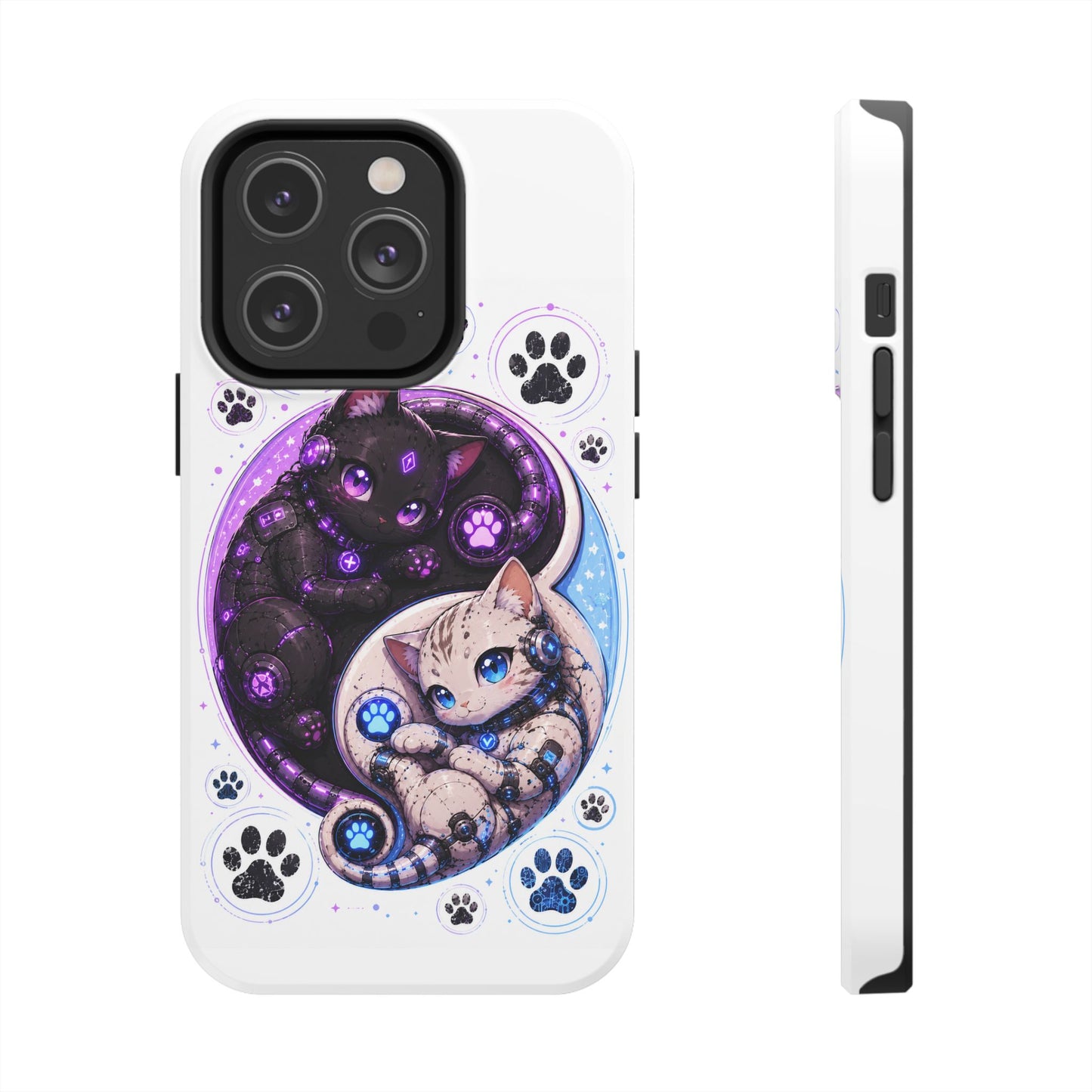 Cat Yin Yang Tough Phone Case — Black & White Kittens, Paw Print Protective Cover