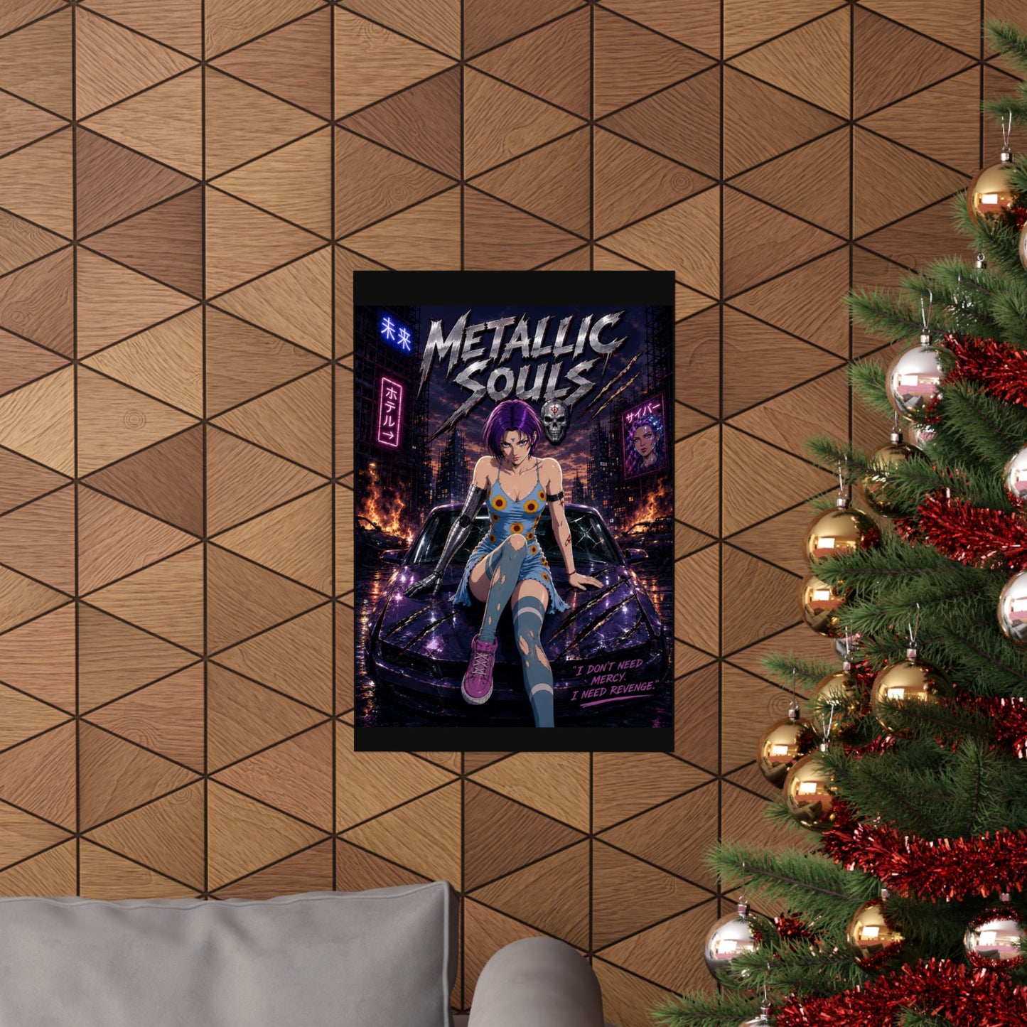 Metallic Souls Anime Poster — Cyberpunk Car Girl Matte Vertical Print