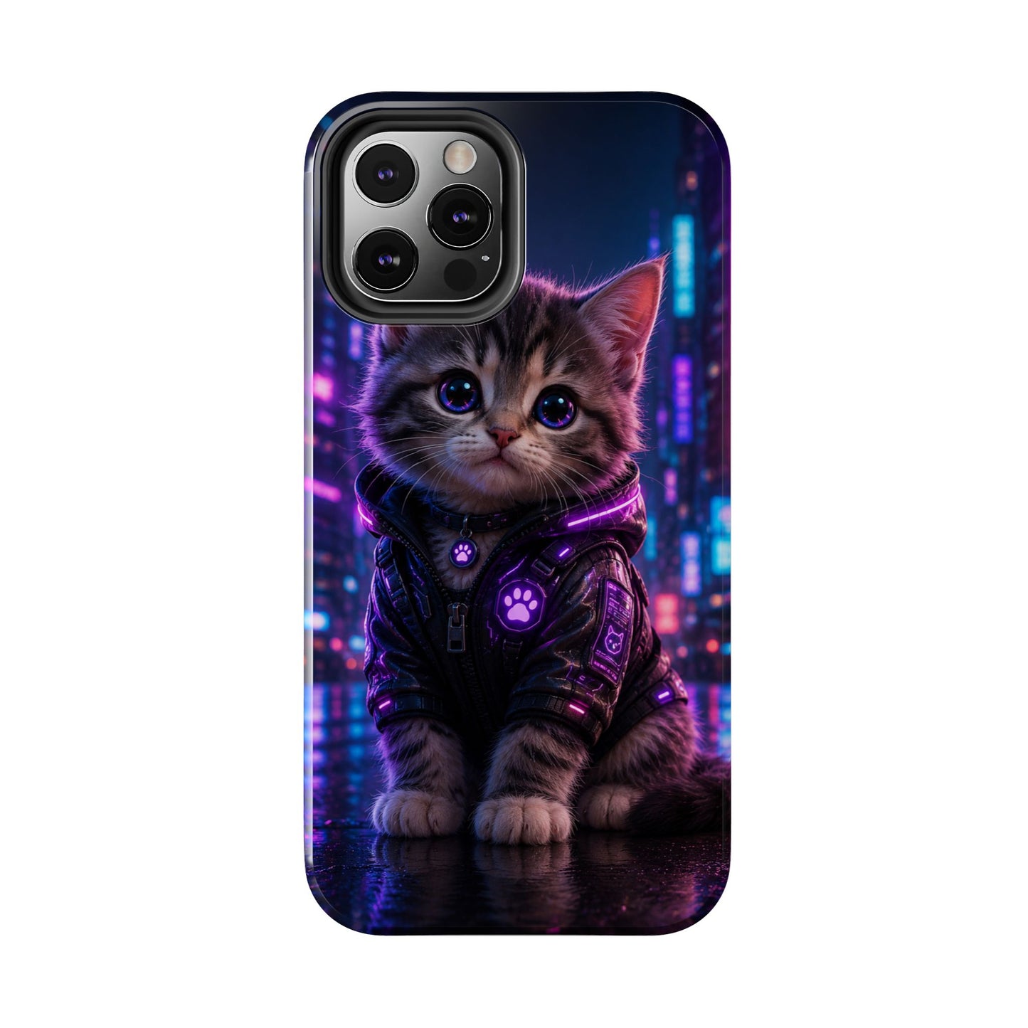 Cyberpunk Kitten Tough Phone Case — Neon Cat Protective Phone Cover