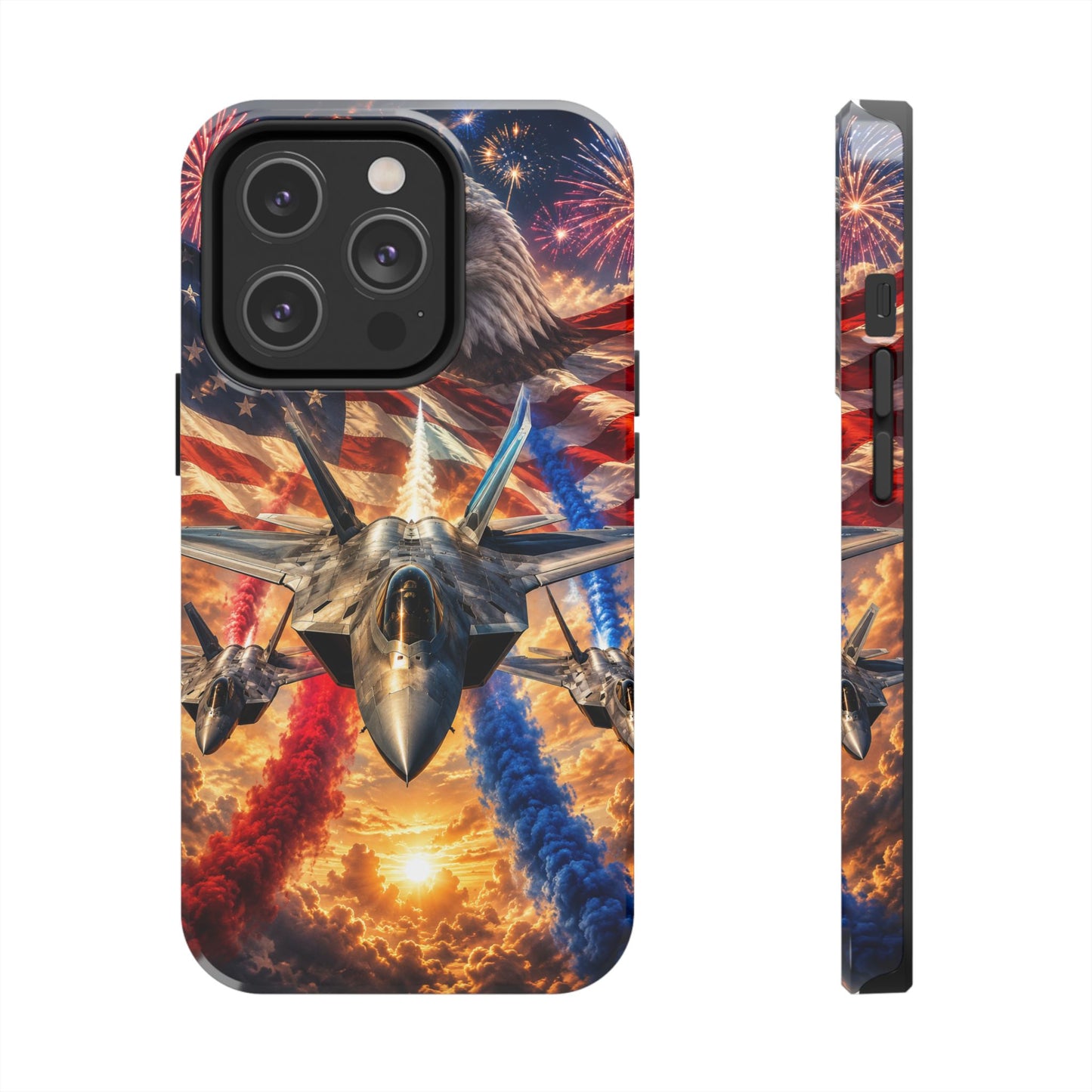 Patriotic Fighter Jet Phone Case with Eagle, American Flag & Fireworks Design
