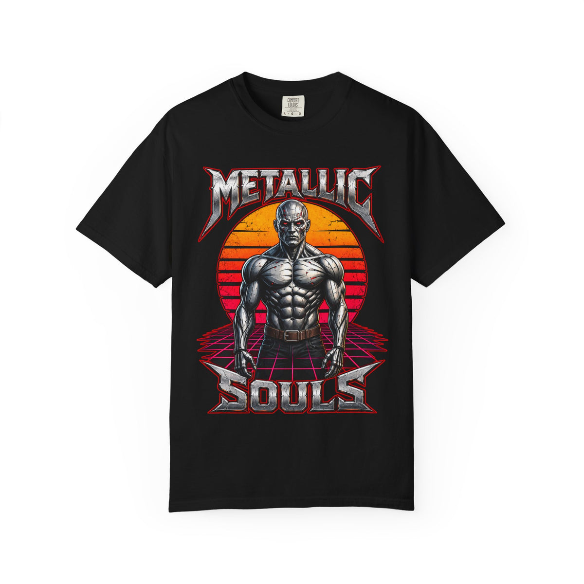 Metallic Souls T-Shirt — Retro Sunset Muscular Warrior Graphic Tee
