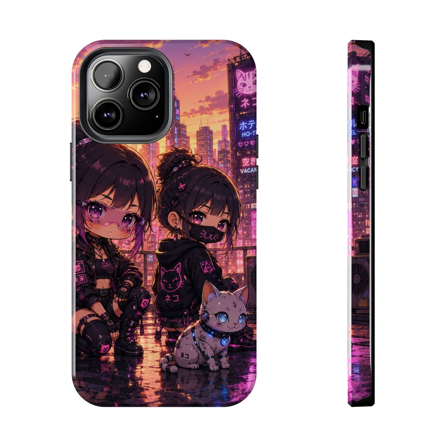 Anime City Night Tough Phone Case — Kawaii Cyberpunk Characters & Cat