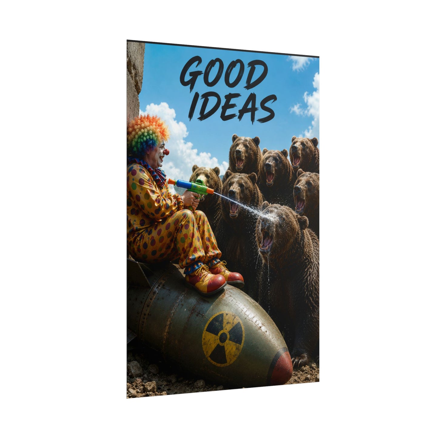 Rolled Poster - 'Good Ideas' Clown on Bomb with Bears Surreal Art Print