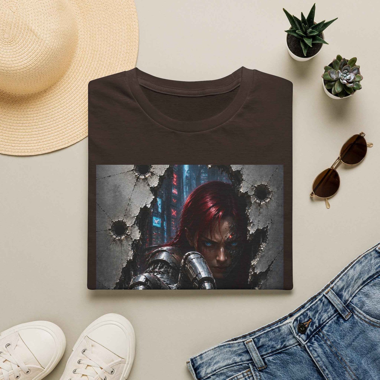 Cyberpunk Warrior Graphic T-Shirt — Red-Haired Brawler Design