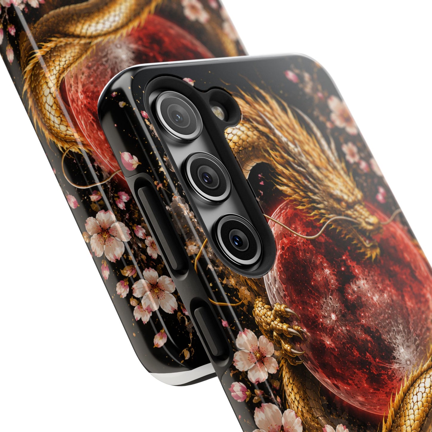 Golden Dragon Moon Tough Phone Case — Cherry Blossoms & Red Moon Protective Cover