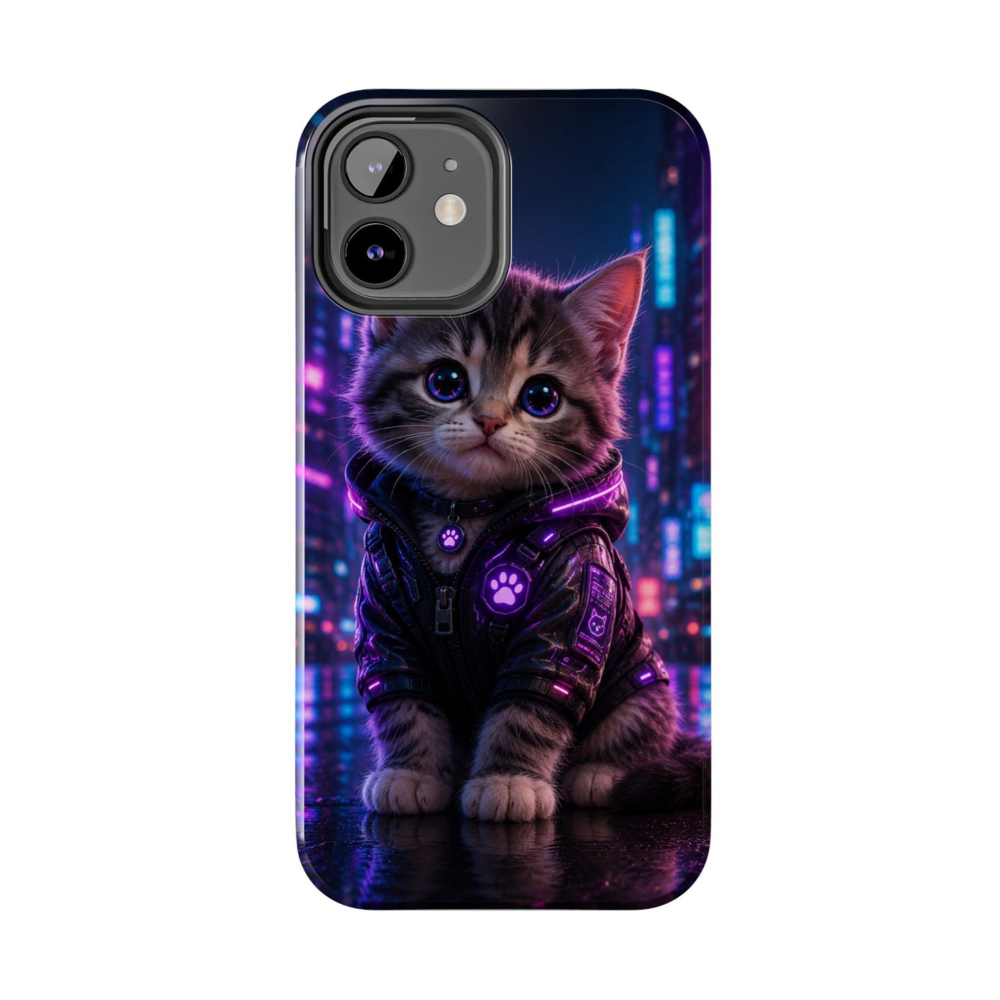 Cyberpunk Kitten Tough Phone Case — Neon Cat Protective Phone Cover
