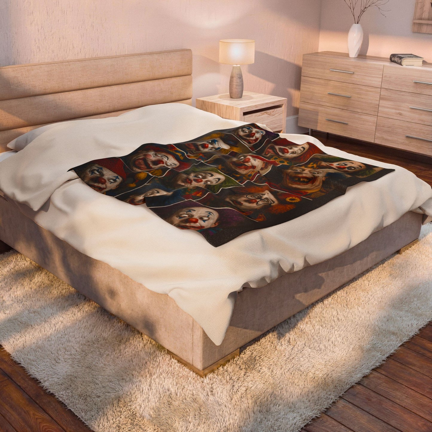 Clown Collage Velveteen Plush Blanket — Vintage Circus Faces Throw