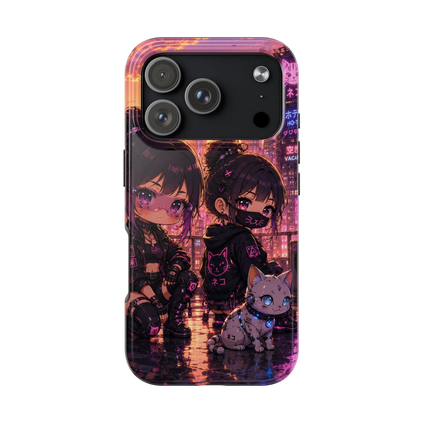 Anime City Night Tough Phone Case — Kawaii Cyberpunk Characters & Cat