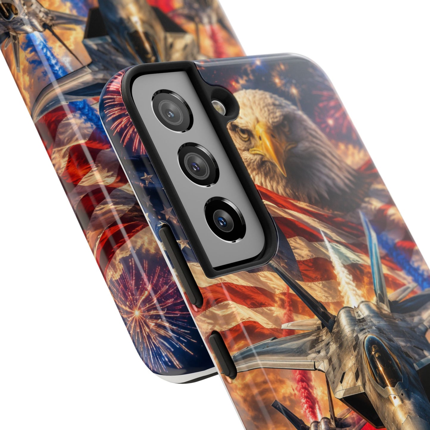 Patriotic Fighter Jet Phone Case with Eagle, American Flag & Fireworks Design