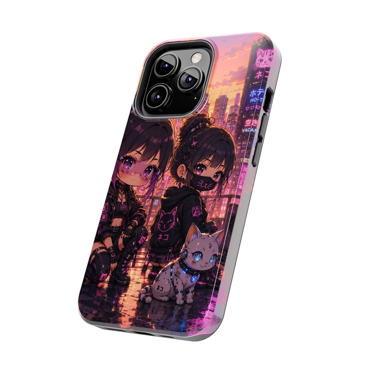 Anime City Night Tough Phone Case — Kawaii Cyberpunk Characters & Cat