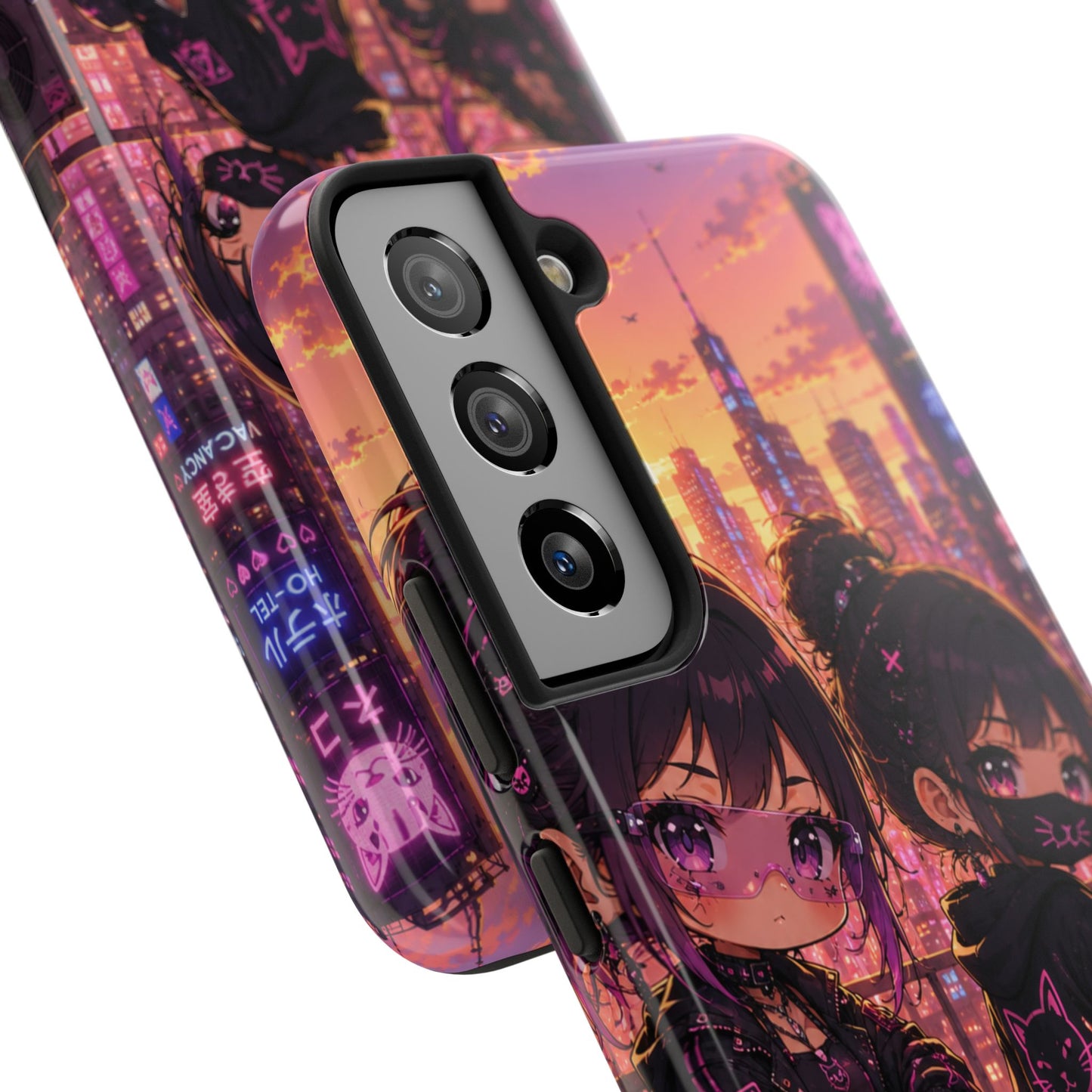 Anime City Night Tough Phone Case — Kawaii Cyberpunk Characters & Cat
