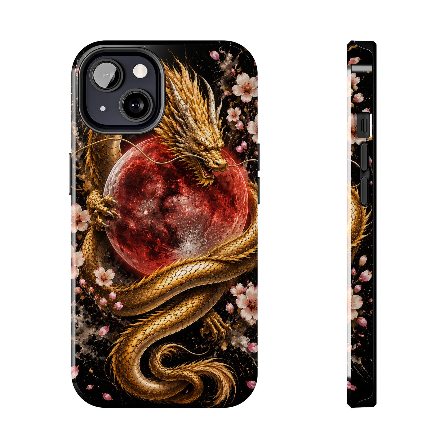 Golden Dragon Moon Tough Phone Case — Cherry Blossoms & Red Moon Protective Cover