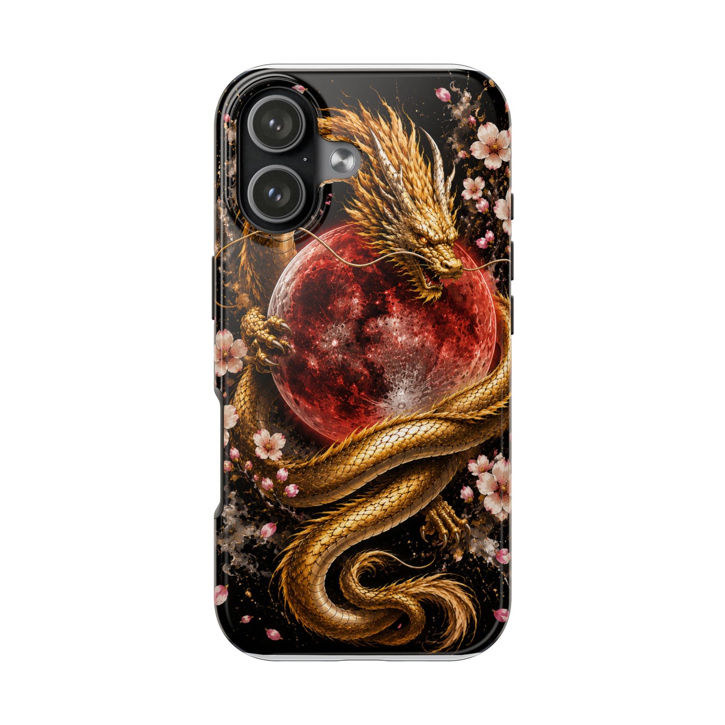 Golden Dragon Moon Tough Phone Case — Cherry Blossoms & Red Moon Protective Cover